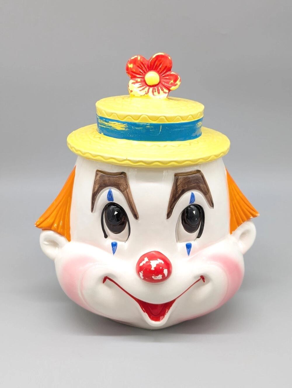 Vintage Circus Clown Ceramic Cookie Jar 1950s PY Japan Yellow Hat 6685 10"